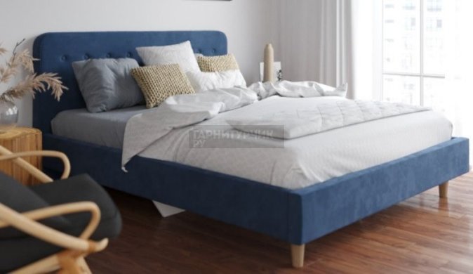 Кровать Легато  со стяжкой 3 пуговицы, синяя, велюр, 160х200